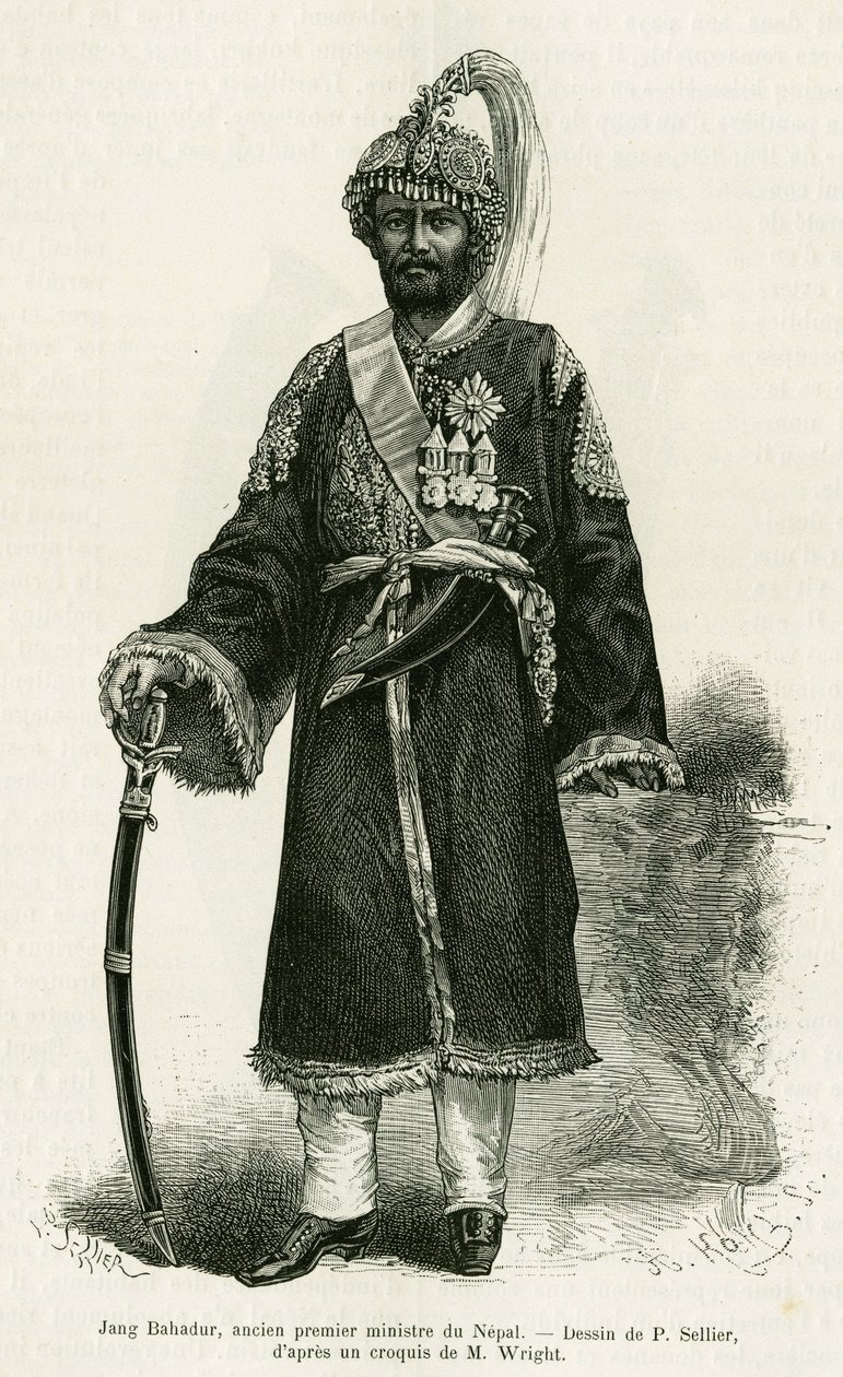 Jang Bahadur (1816-1877), Nepál miniszterelnöke. P.Sellier metszete a Utazás a nepáliban című történet illusztrálására, Dr. Gustave Le Bon (1841-1931), in le tour du monde 1886, rendező: Edouard Charton (1807-1890), Hachette, Párizs. alkotó: P. (after) Sellier