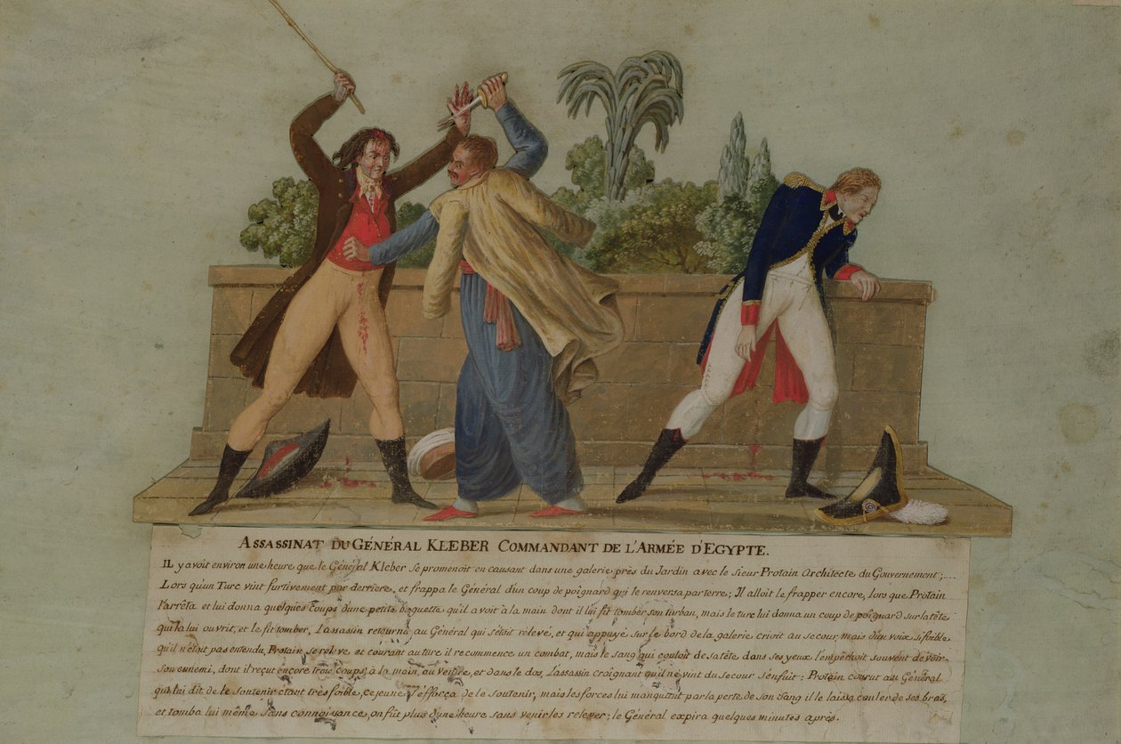 Kleber tábornok meggyilkolása egy fanatikus által, 1800. június 14. (guache) alkotó: P. A. and J.B. Lesueur