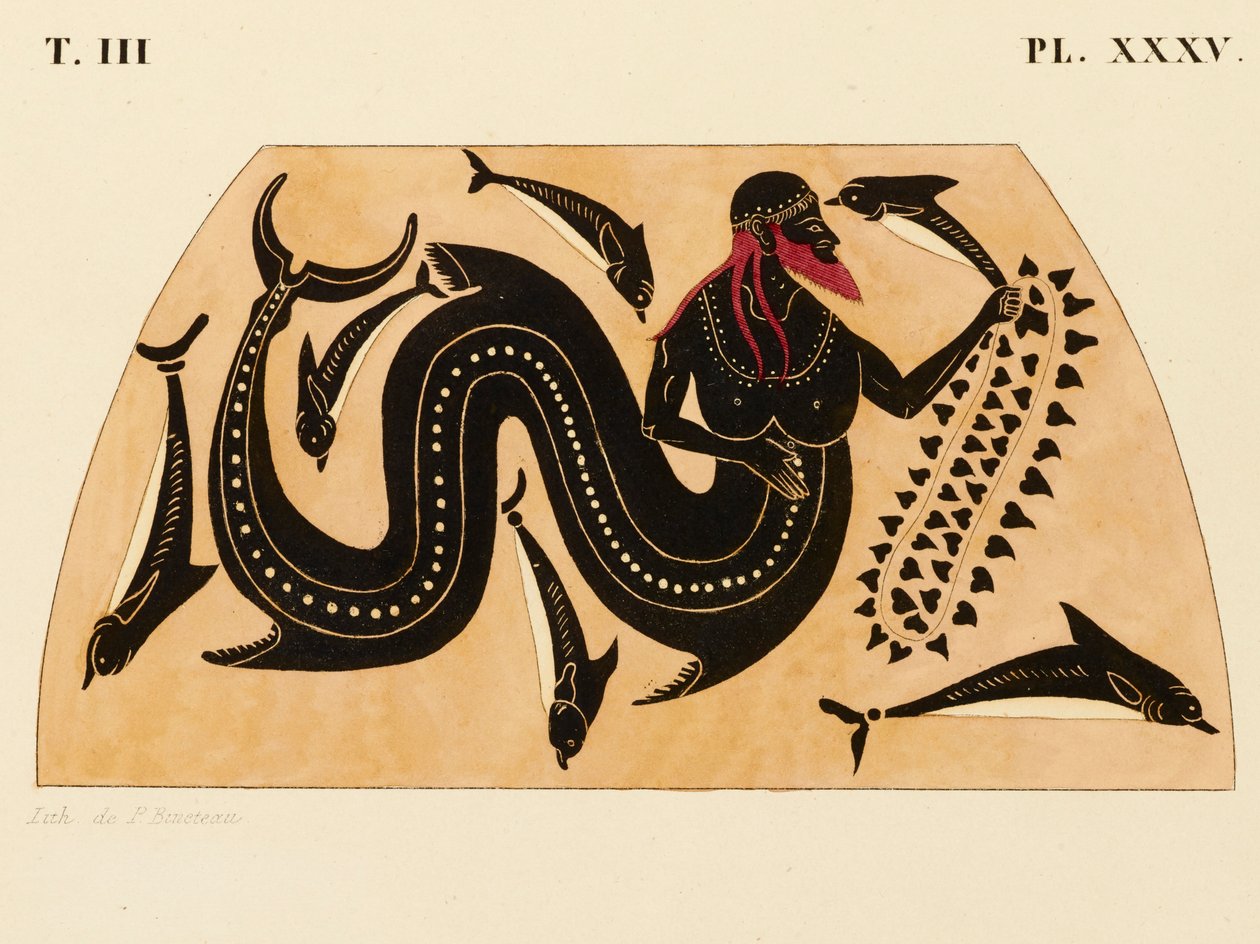 A díszlenyomat egy görög amforán, amely Poszeidónt ábrázolja delfinek kíséretében, c. 1858 (akvarell és testfesték litó fölött, szőtt papíron) alkotó: P. Bineteau