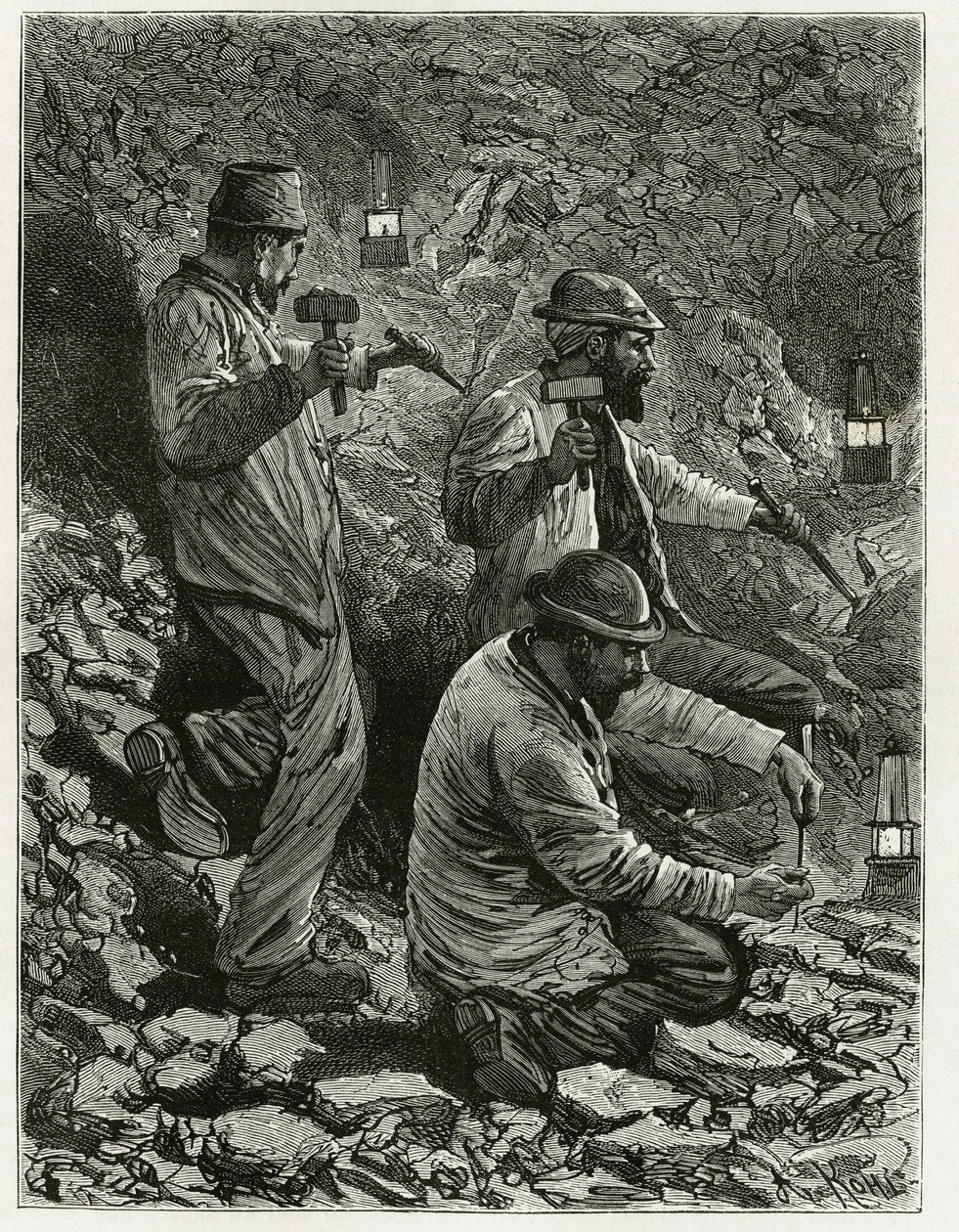 A bányászok szenet vonnak ki a vénába. Ferat metszet a „Belgium” történet illusztrálására, Camille Lemonnier (1844-1913) belga író. Megjelent a Le Tour du monde, nouveau Journal des voyages, 1884. évi 2. félévben, szerkesztette Edouard Charton (1807- alkotó: P. Ferat