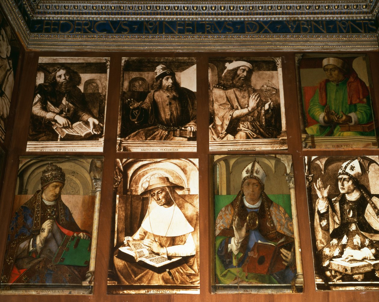 Federigo da Montefeltro, Urbino hercegének tanulmánya az óramutató járásával megegyező irányban TL-ből: Platón (Kr. e. 427-347) és Arisztotelész (Kr. e. 384-322) görög filozófusok; Ptolemaiosz, csillagász (90-168 körül); Boethius, filozófus (48 körül alkotó: P. Joos van Gent and Berruguete
