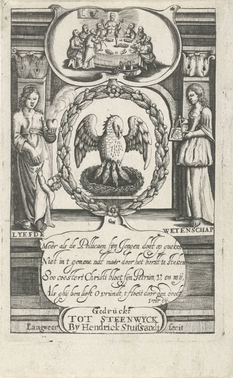 Pelikán saját vérével táplálja fiókáit Címlap ehhez: D. van Baardt, A spirituális és világi uralkodás kárpitja, 1661 alkotó: P. Langweer