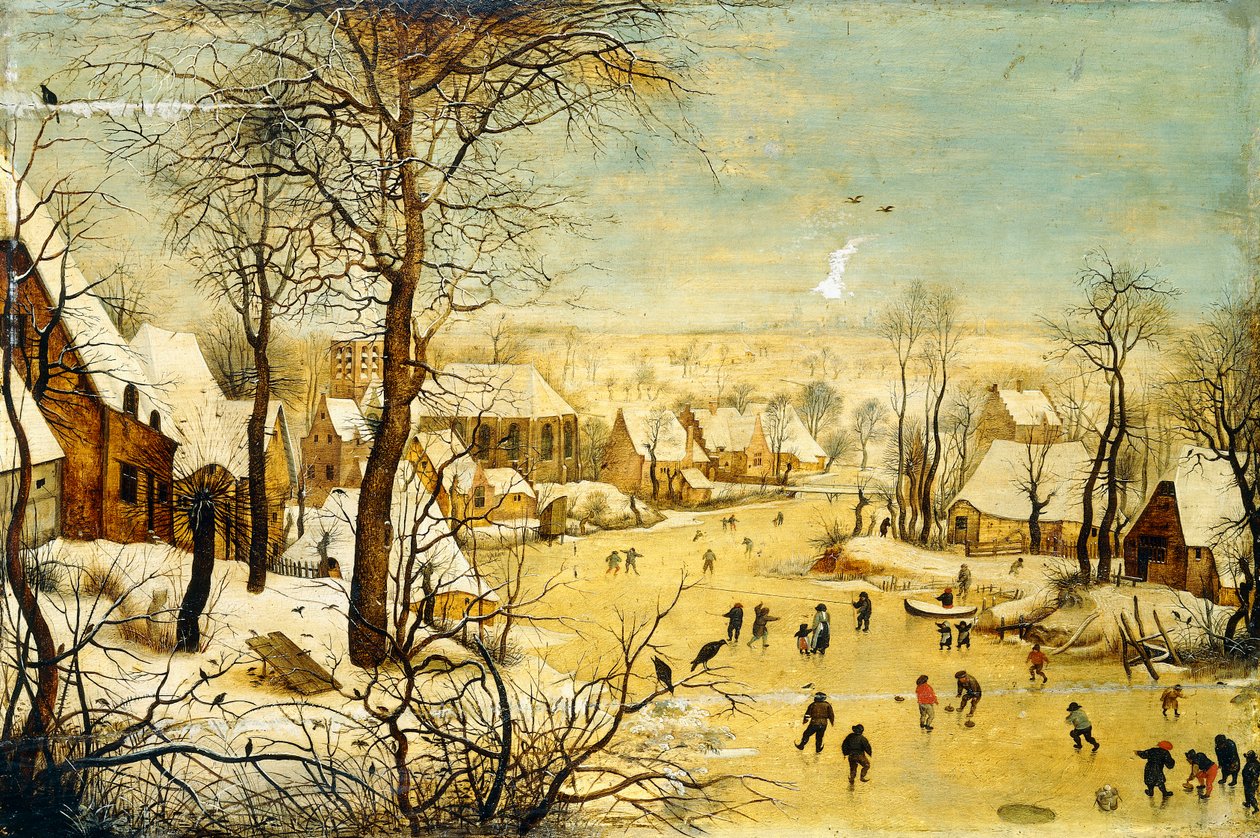 Egy falu télen madárcsapdával és korcsolyázókkal a befagyott vízi úton, alkotó: P. the Younger Brueghel