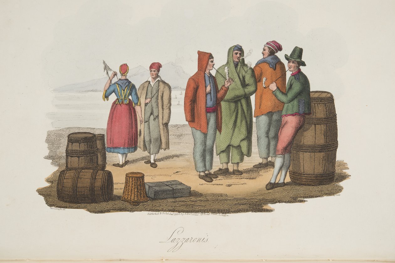 Lazzaroni az Italian Scenery-ből, amely Olaszország különböző államainak modorait, szokásait és szórakozásait képviseli, pub. 1806 (kézzel színezett metszet) alkotó: P. van (after) Lerberghi