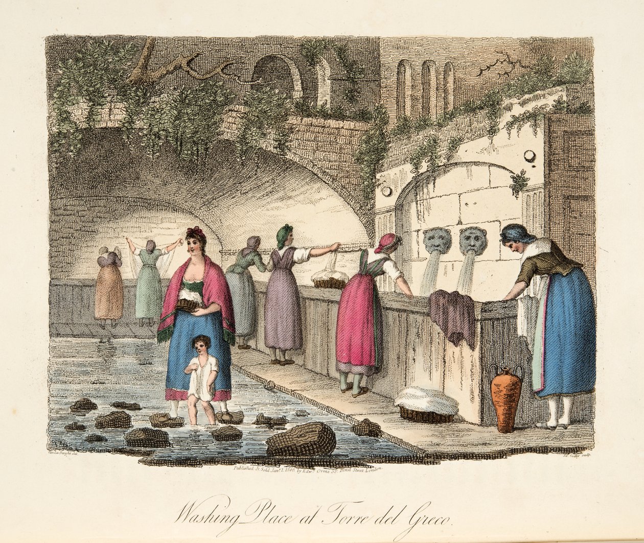 Mosóhely Torre del Grecóban, az olasz tájból, amely Olaszország különböző államainak szokásait, szokásait és szórakozásait képviseli, pub. 1806 (kézzel színezett metszet) alkotó: P. van (after) Lerberghi