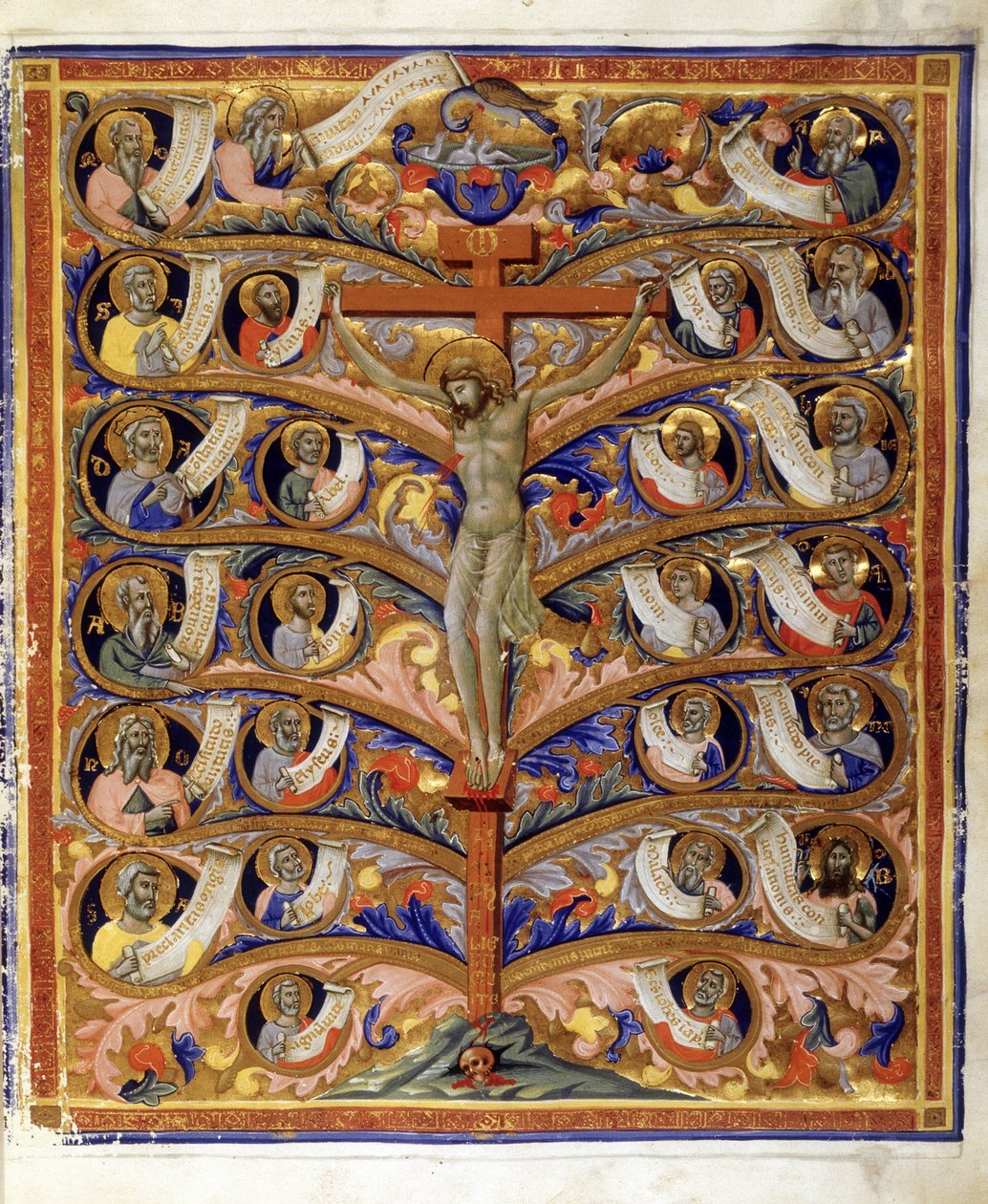 Életfa vagy keresztfa, illusztráció a Trivulziana latin Bibliából, 1335-40 körül (tempera, aranylevél és tinta pergamenen) alkotó: Pacino di Bonaguida