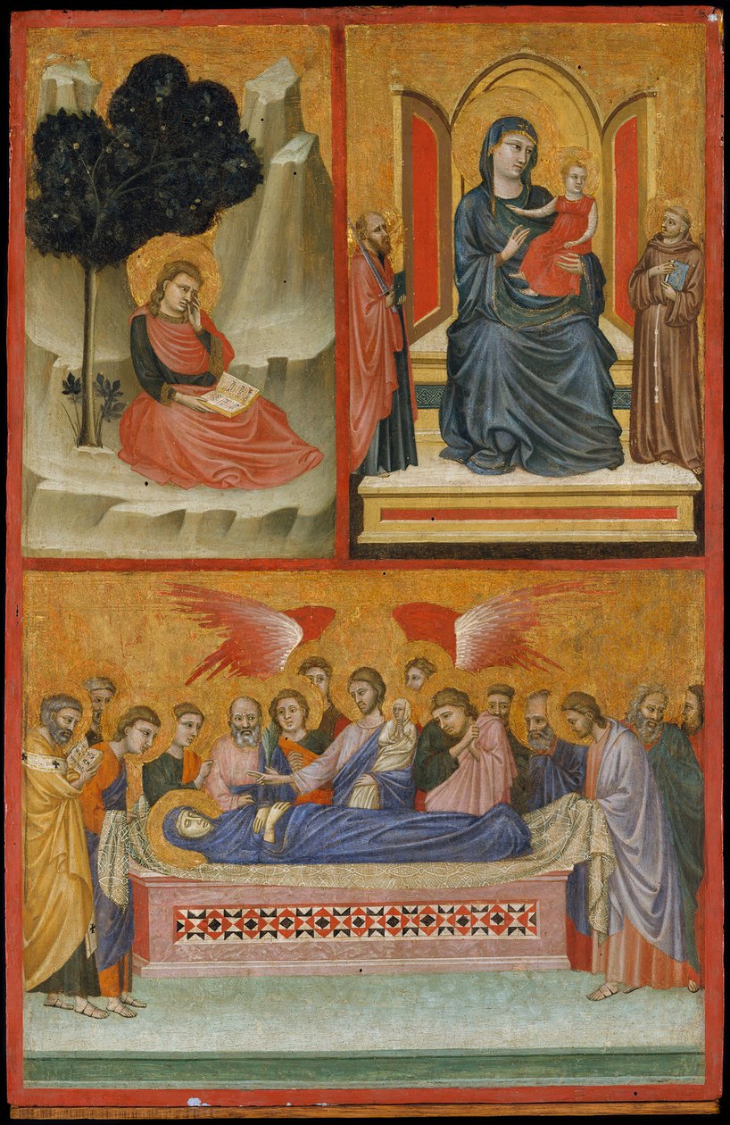 Szent János a Pátmoszon, Madonna és a gyermek trónol, és a Szűz halála, A keresztre feszítés. alkotó: Pacino di Bonaguida