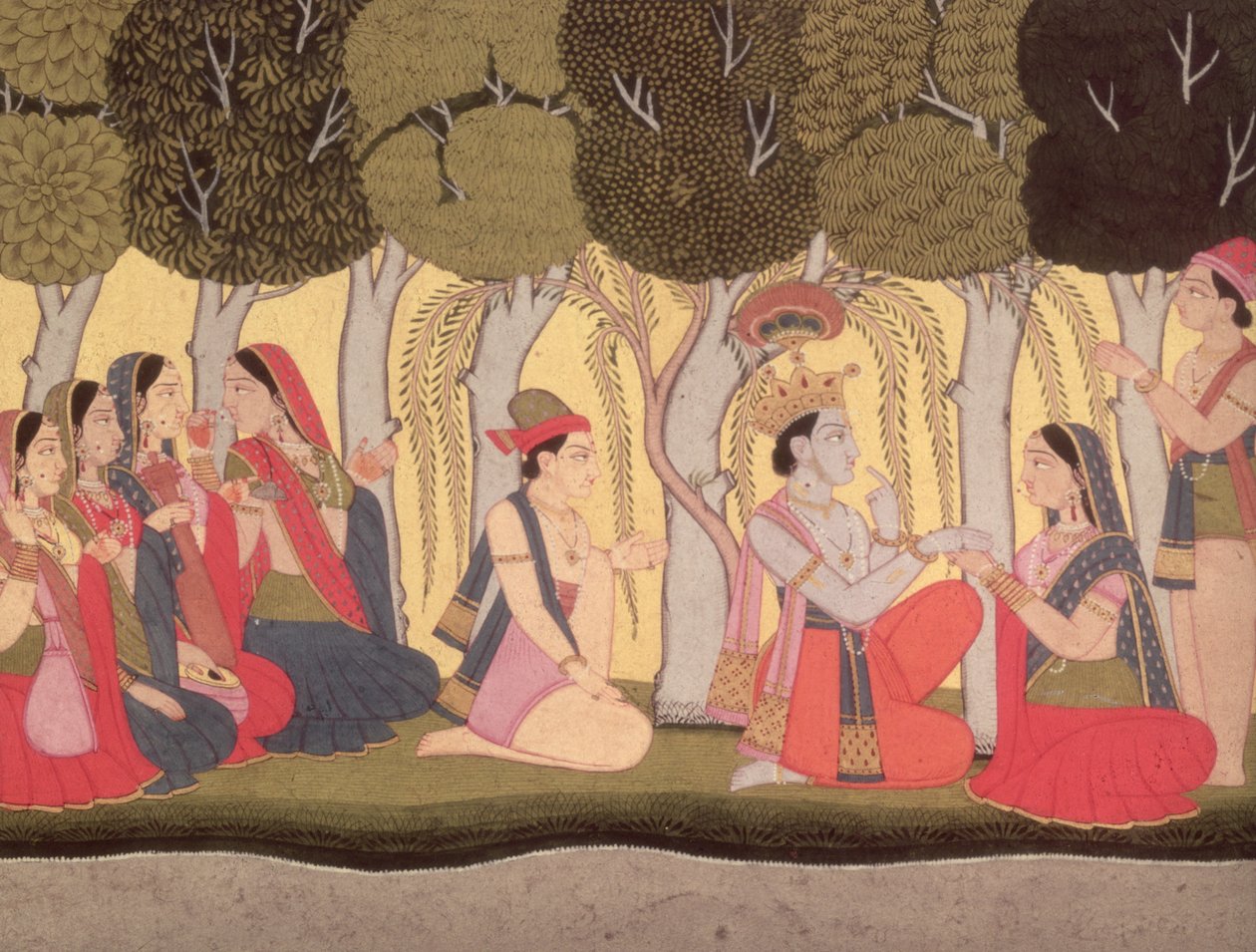 Radha és Krisna egy ligetben ülve, Kuluban, 1790-1800 alkotó: Pahari School