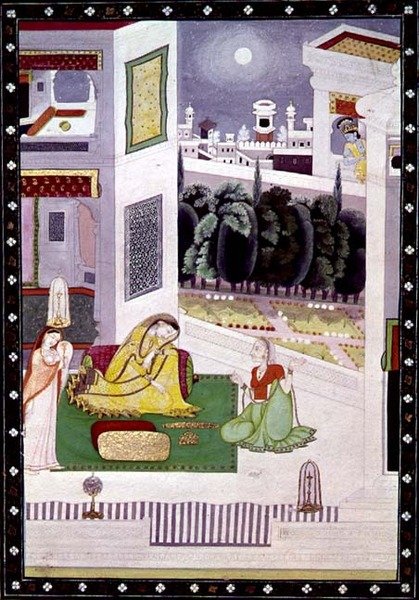 Egy elhanyagolt hölgy a Prositapatika Nayika-ból, Kangra, Himachal Pradesh, 1850 körül alkotó: Pahari School