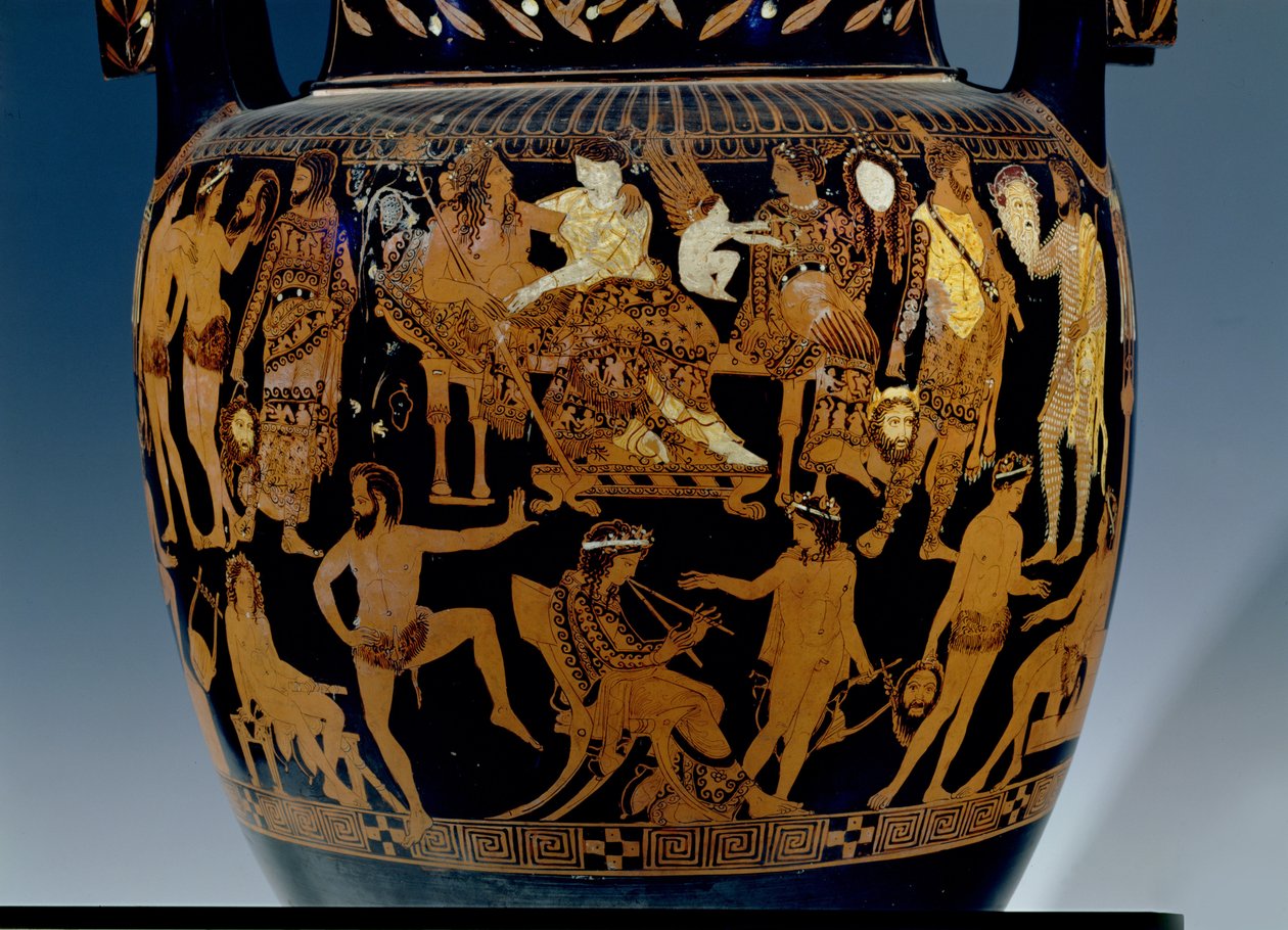 Tetőtéri vörös alakos volutakráter, Bacchus és Ariadne előtti előadásra készülő színészek és zenészek jelenetének részlete, görög, Ruvo-ból, Kr.e. 5. század (kerámia) (lásd még: 119444-5 alkotó: Painter Pronomos