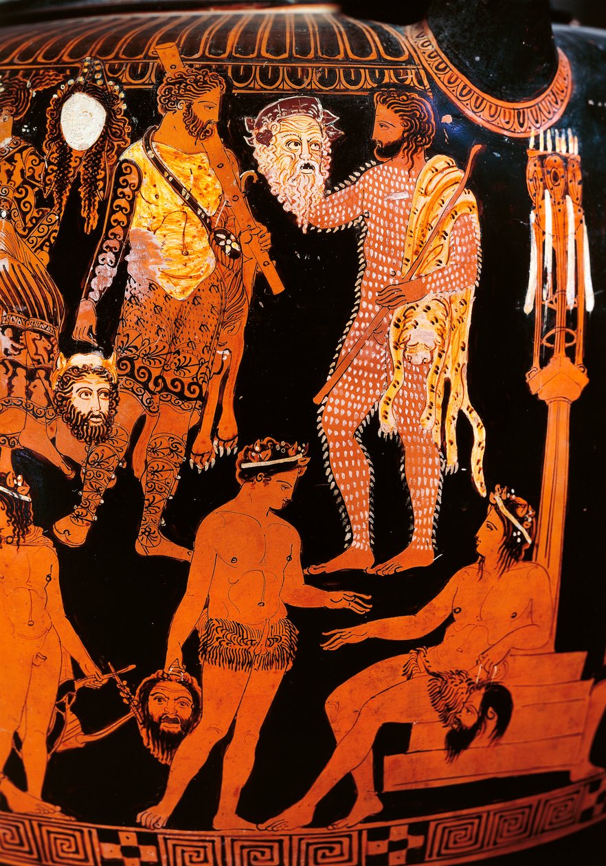 Vörös alakú voluta kráter egy színésszel, aki a maszkját tartja, Ruvo-ból, ie 410 körül (kerámia) alkotó: Painter Pronomos