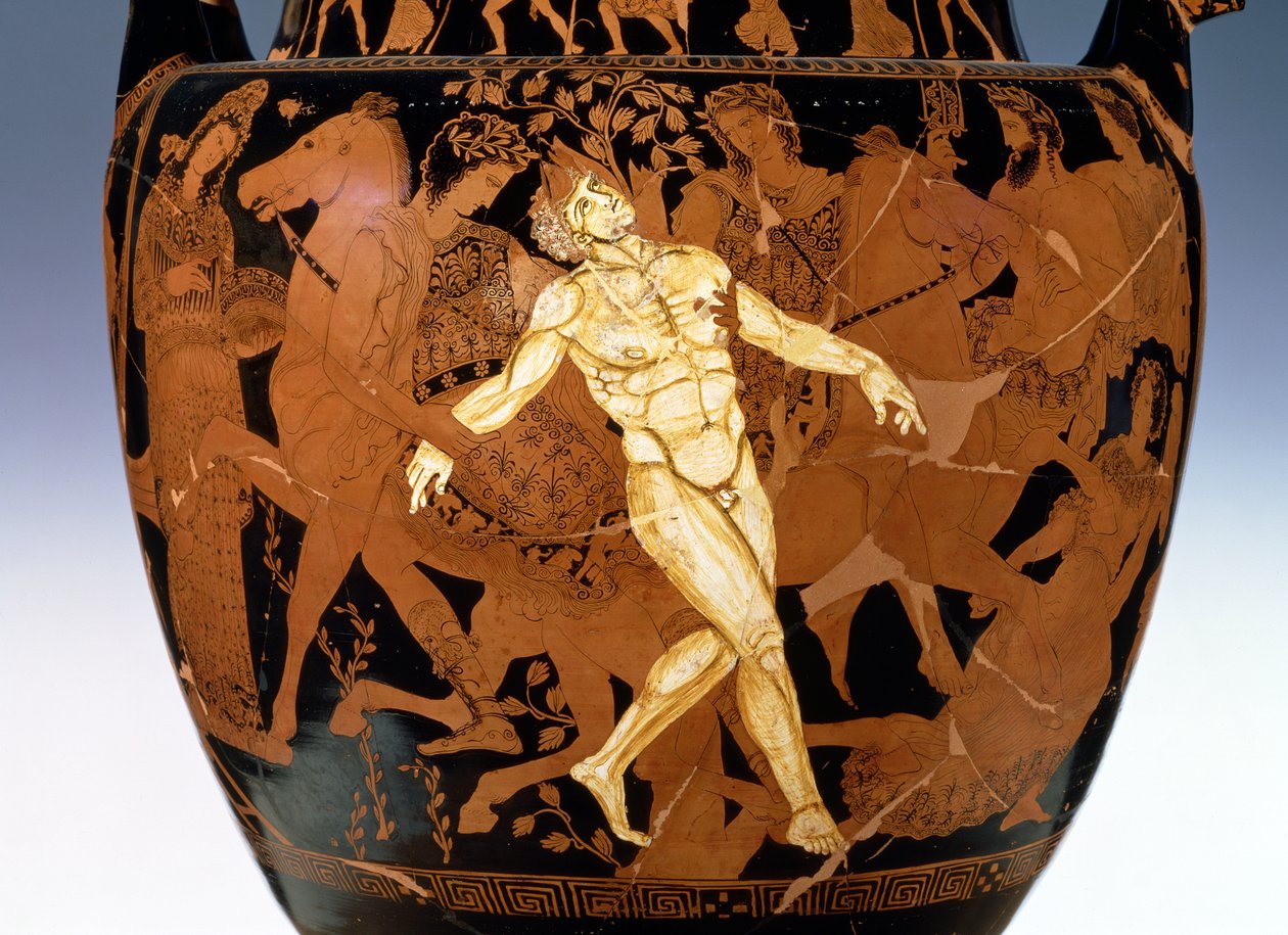 Tetőtéri vörös alakos voluta kráter, amely a bronzóriás, Talos (kerámia) halálát ábrázolja (85070 részlet) alkotó: Painter Talos