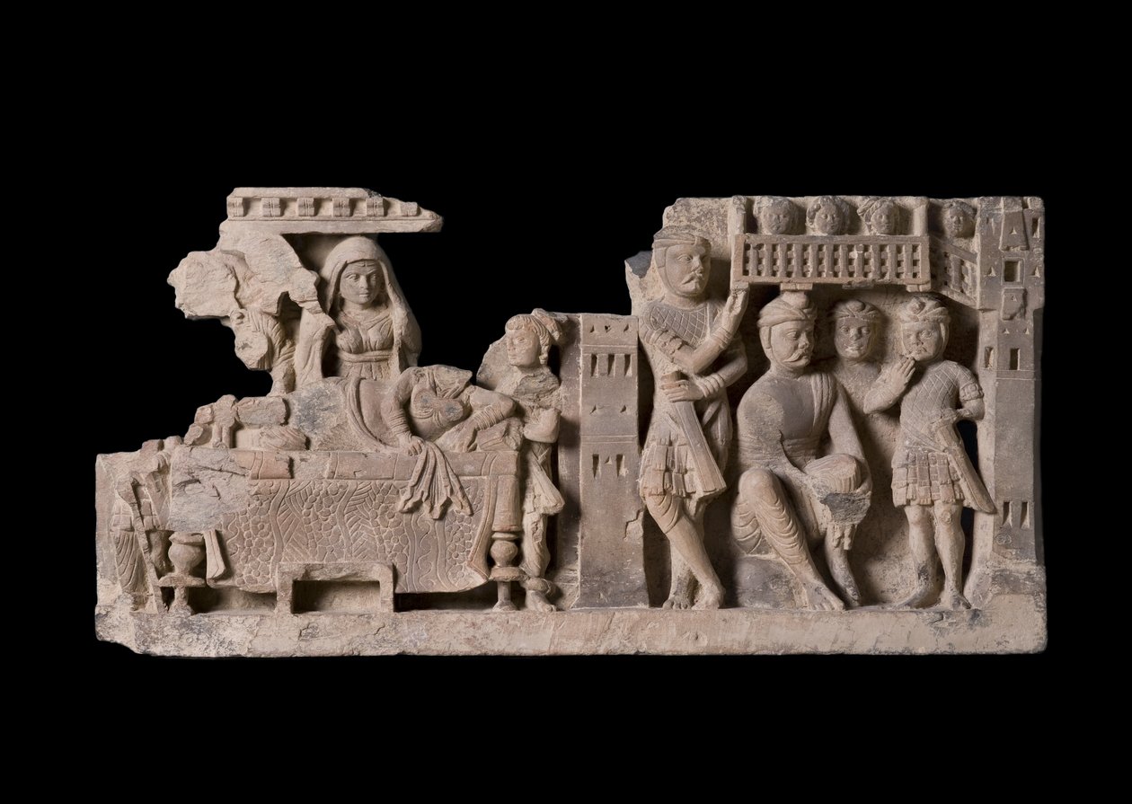 Mája királynő álmát ábrázoló domborműtábla, Gandhara régió (pala) alkotó: Pakistani School