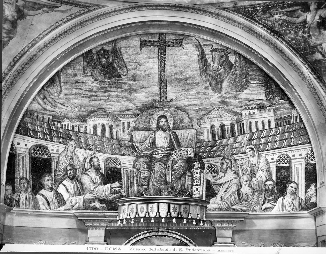 Krisztus trónoló, Pudentiana és Praxedis apostolokkal és szentekkel körülvéve, az Apszisban (mozaik) alkotó: Paleo Christian