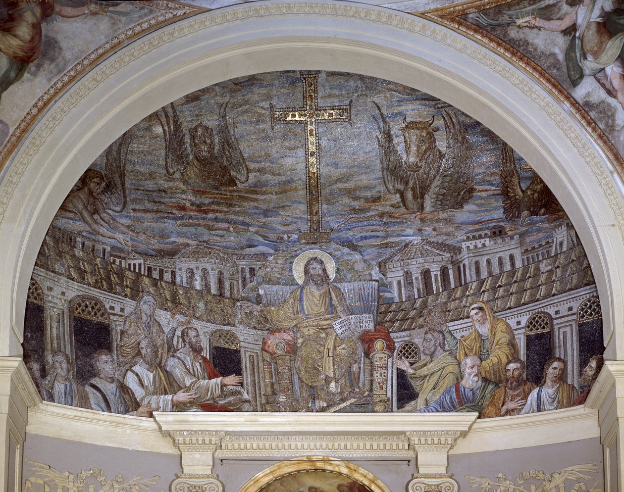 Krisztus trónoló, Pudentiana és Praxedis apostolokkal és szentekkel körülvéve, az Apszisban (mozaik) alkotó: Paleo Christian