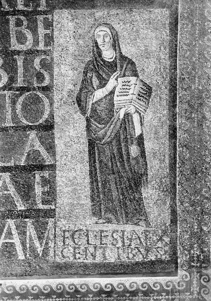 A pogányok templomát ábrázoló ábra és a hét hexaméteres felirat egy része (mozaik) alkotó: Paleo Christian