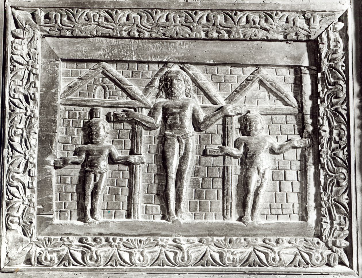Keresztrefeszítés, Ó- és Újszövetségi jelenetekkel díszített ajtótábla (fa) alkotó: Paleo Christian