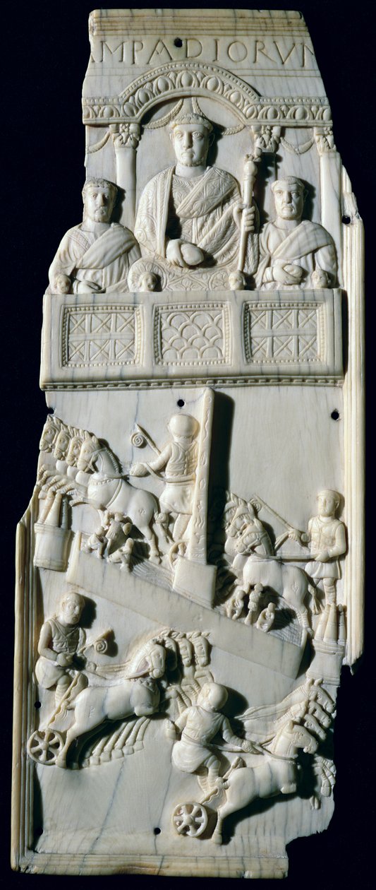 Szekérversenyt ábrázoló diptichon metszete Tunéziából alkotó: Paleo Christian