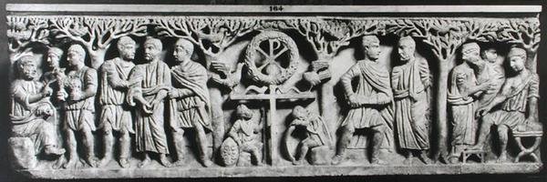 Keresztény szarkofág, jeleneteket ábrázol Krisztus életéből (márvány) alkotó: Paleo Christian