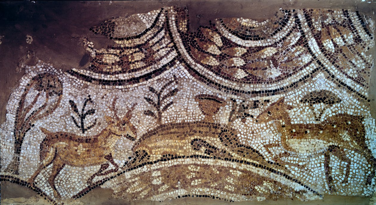 Paleokeresztény művészet: templommozaik töredéke: szarvas és szarvas ivóvíz. Kr.u. 6. század. Karthágóból, Bir Ftouhból, Tunéziából. Párizs, Louvre Múzeum alkotó: Paleo Christian
