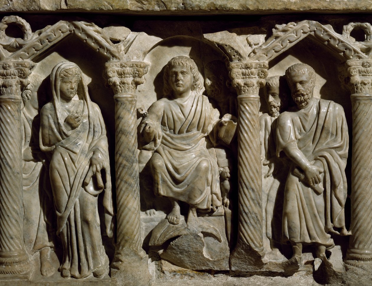 Ókeresztény szarkofág, más néven Blessed Giles szarkofágja, márvány, San Bernardino oratóriuma, Perugia, Umbria, Részlet, Olaszország, 4. század alkotó: Paleo Christian
