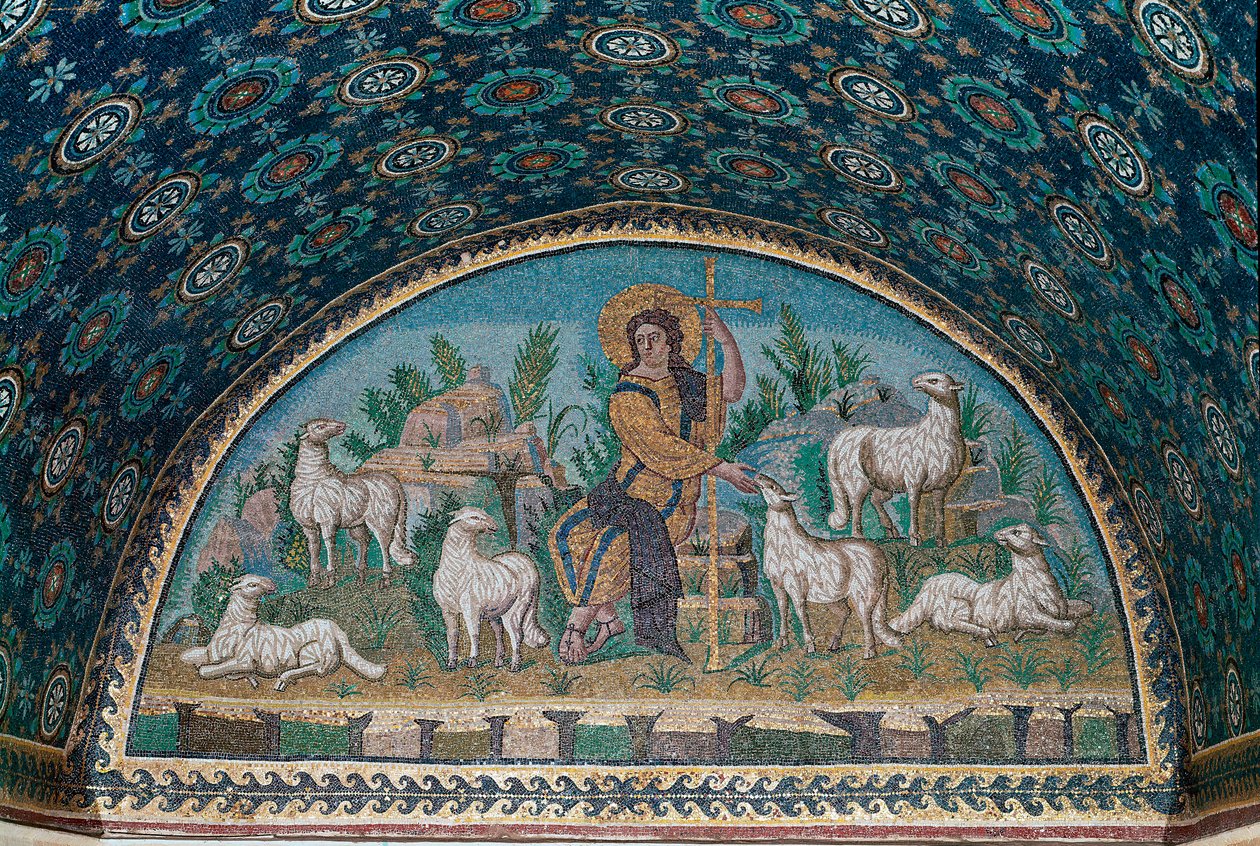 Jó lelkész. A Galla Placidia mauzóleum bejárati ajtaja feletti keret mozaikja, c425 (mozaik) alkotó: Paleo Christian
