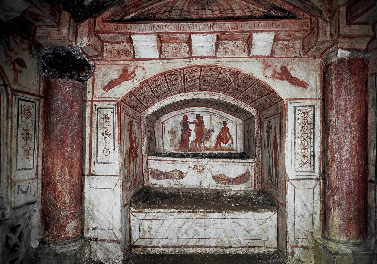Paleochretian Art: „” Hercules (Alcide), aki elhozza Alceste-et az alvilágból, visszaadja férjének, Admetének”” JC utáni 4. századi freskó. Róma, Catacombs di Via Latina – Ókeresztény művészet. Herkules visszahozza Alkesztiszt Hádészből a férjéhez alkotó: Paleo Christian