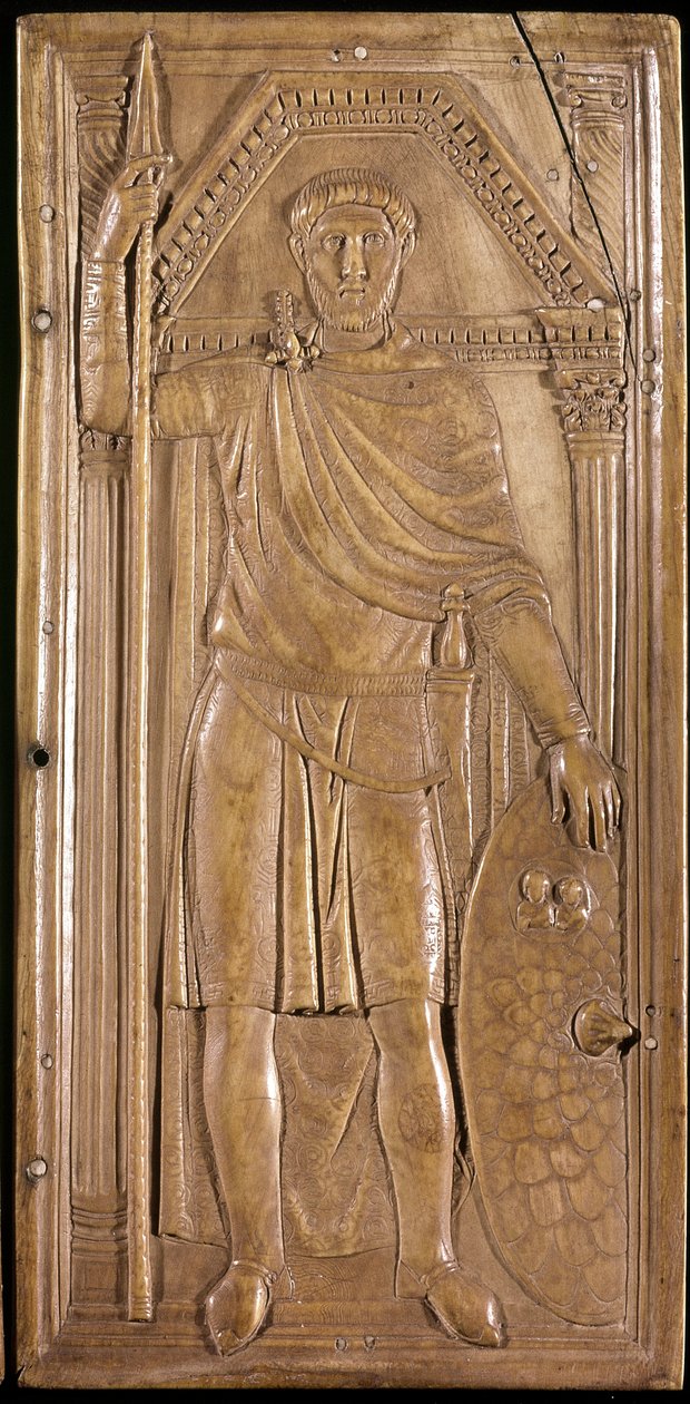 Stilicon fegyverben, tábornok, patrice és a Nyugat-Római Birodalom konzulja. Stilicho diptikusának jobb oldali táblája (elefántcsont szobor, 395 körül) alkotó: Paleo Christian