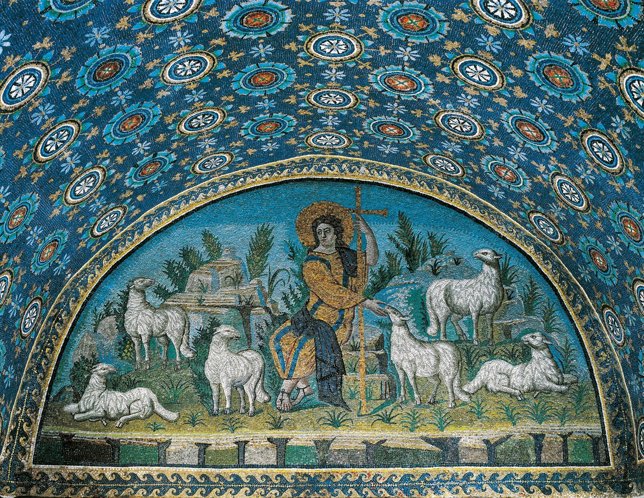 A jó pásztor, a Galla Placidia mauzóleum bejárati ajtaja feletti keret mozaikja, c425 (mozaik) alkotó: Paleo Christian