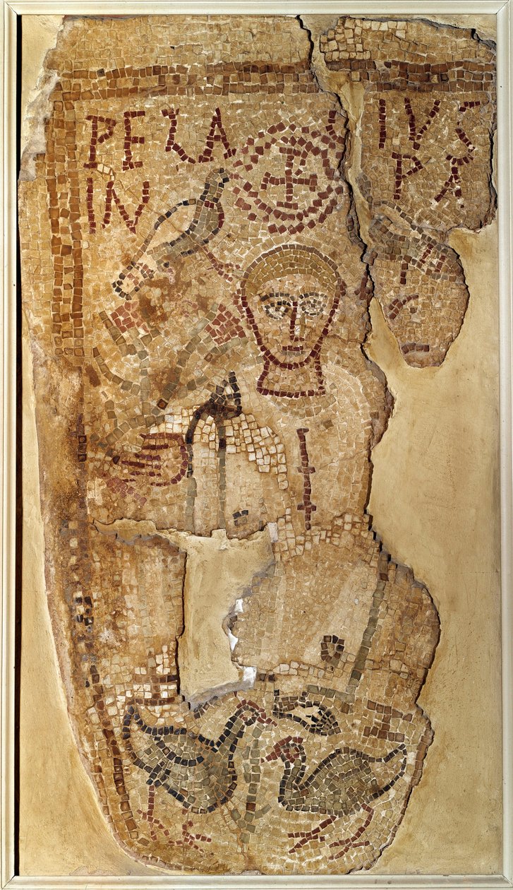 Paleochretian antikvitás: „” Pelage (vagy Pelagius) aszkéta szerzetes (350-420) ábrázolása”” Temetési mozaik Tunéziából. Párizs, Louvre Múzeum alkotó: Paleo Christian Paleo Christian