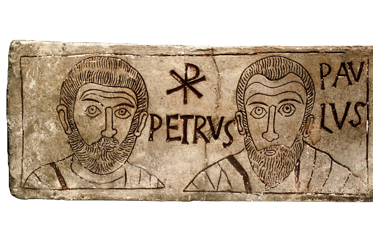 Péter és Pál apostolokat ábrázoló szarkofág, ókeresztény civilizáció alkotó: Paleo Christian Paleo Christian