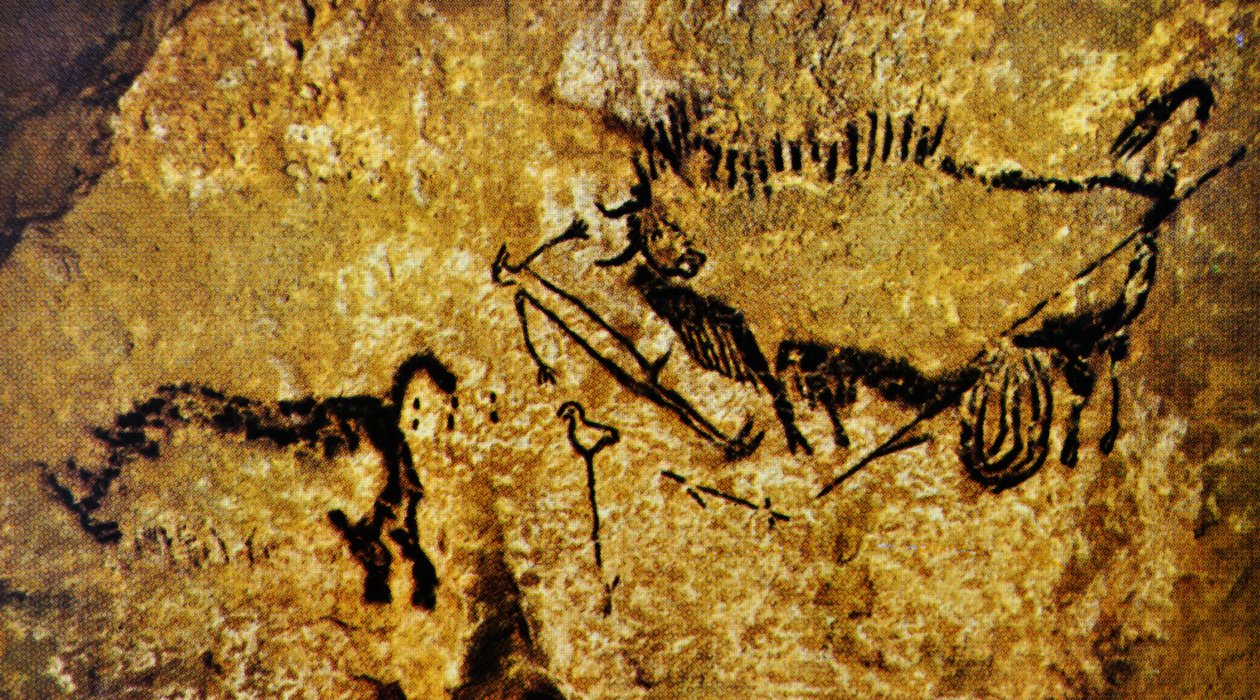 Sebzett bölény, sebesült ember és gyapjas orrszarvú, Lascaux (barlangfestmény) alkotó: Paleolithic Paleolithic