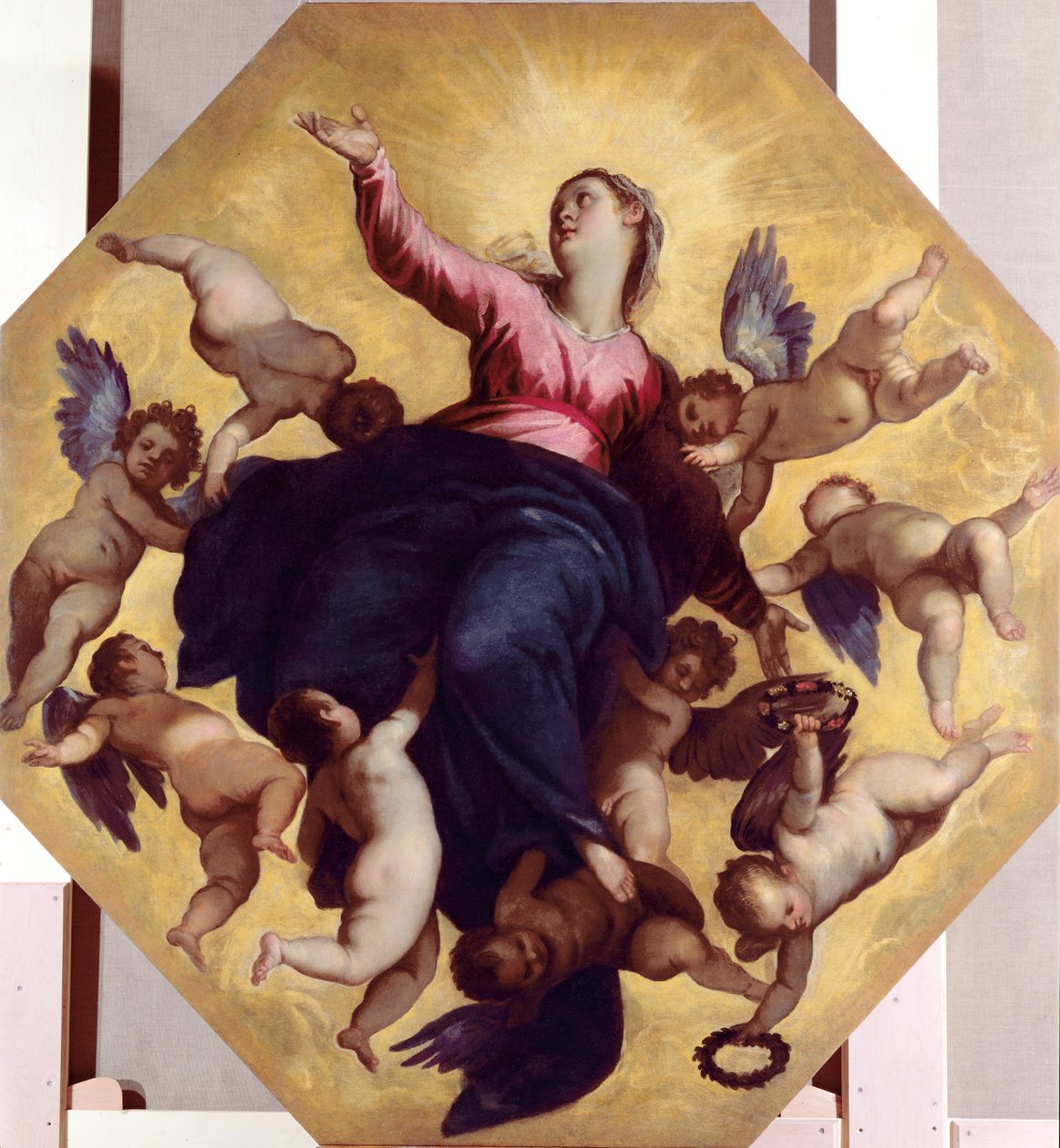 Angyalok által hordozott Madonna (mennyezeti freskó) alkotó: Palma Il Giovane