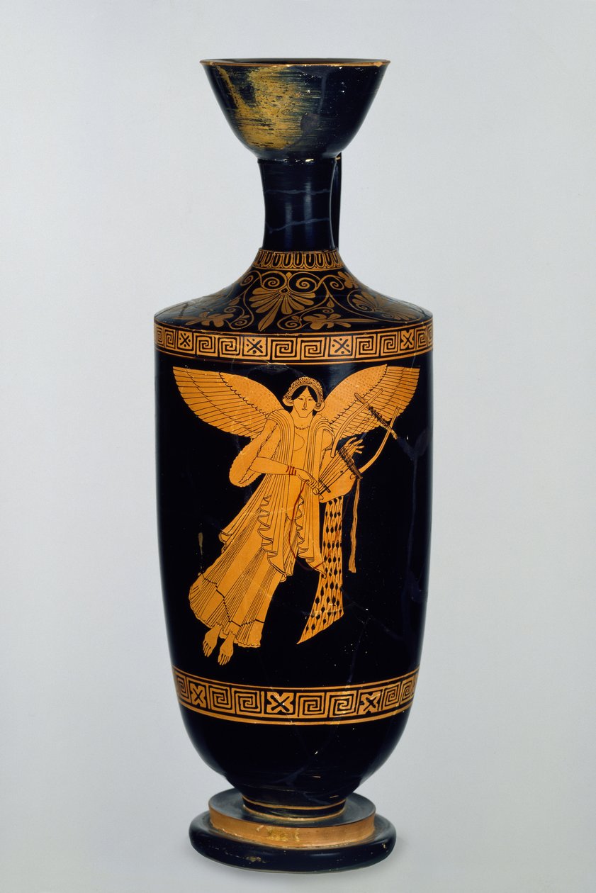 Tetőtéri vörös figurás lekythosz Nike szárnyas figurájával díszítve, Gelában találták, Kr.e. 490-80 körül (kerámia) alkotó: Pan Painter