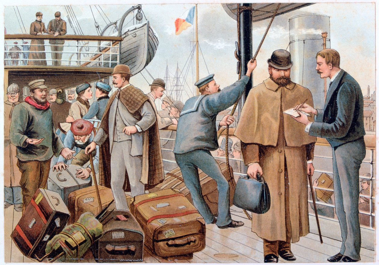 Utasok csatlakoznak egy P&O hajóhoz a Temzében, 1890. alkotó: PandO Pencillings