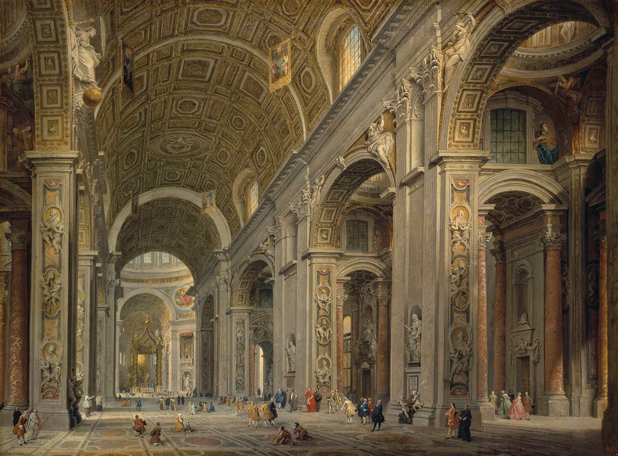 A római Szent Péter-bazilika belseje, 1750-es évek. alkotó: Pannini
