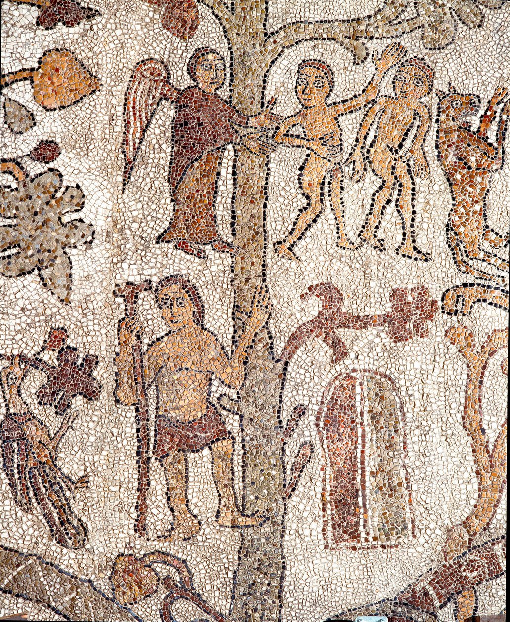 Ádám és Éva a földi paradicsomi mozaikról vadászik Pantaleone papról és mozaikról. 1163-1166. Az otrantói székesegyház központi hajója alkotó: Pantaleon