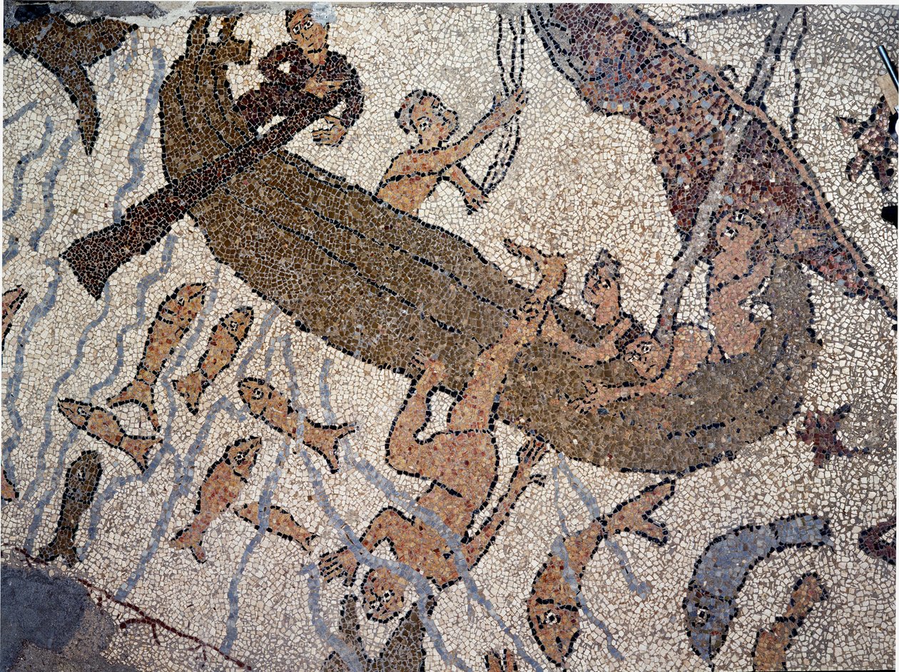 A Jónás próféta a tengerbe repül Részlet. Pantaleone mozaikja, pap és mozaik. 1163-1166. Otranto székesegyház központi hajója (Otranto), Olaszország alkotó: Pantaleon Pantaleon