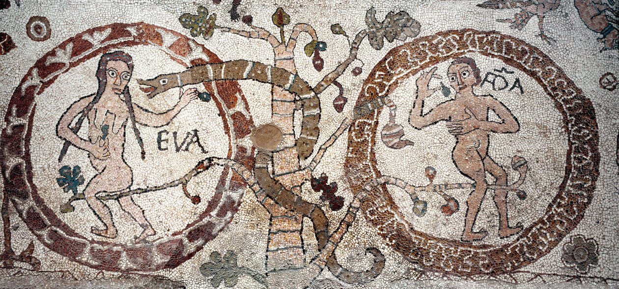 Ádám és Éva Pantaleone mozaik kísértése, pap és mozaik. 1163-1166. Otranto székesegyház központi hajója (Otranto), Olaszország alkotó: Pantaleon Pantaleon