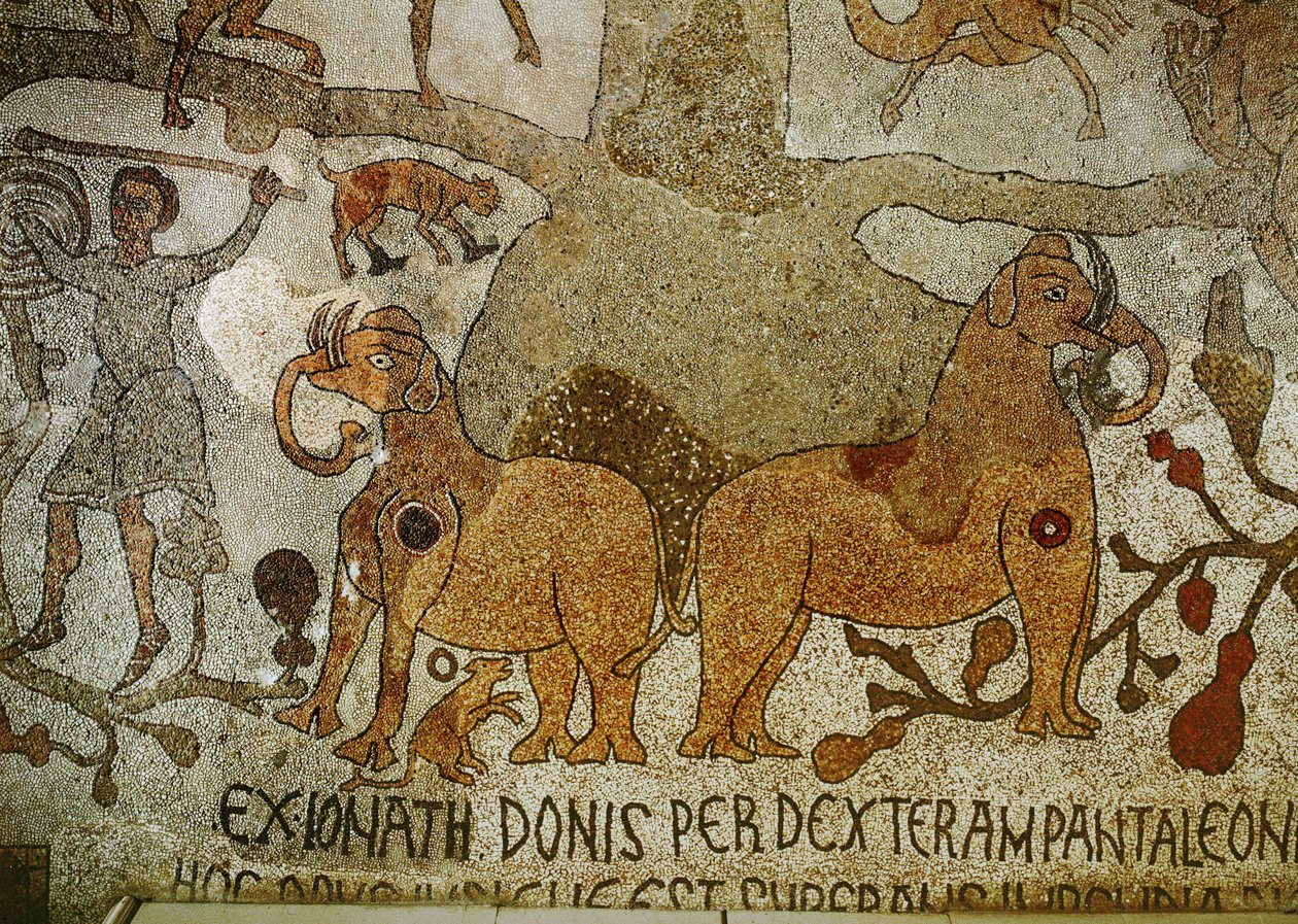 Két elefánt az Életfa gyökereinél (mozaik) alkotó: Pantaleone Pantaleone