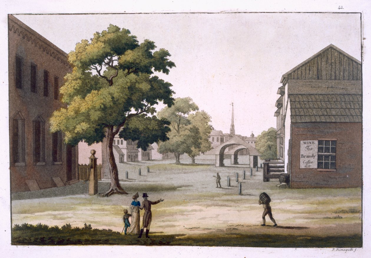 Egy piactér, Philadelphia, Pennsylvania, Jules Ferrario: Le Costume Ancien et Moderne, I. kötet, 43. lemez, az 1820-as és 30-as évek körül megjelent alkotó: Paolo Fumagalli