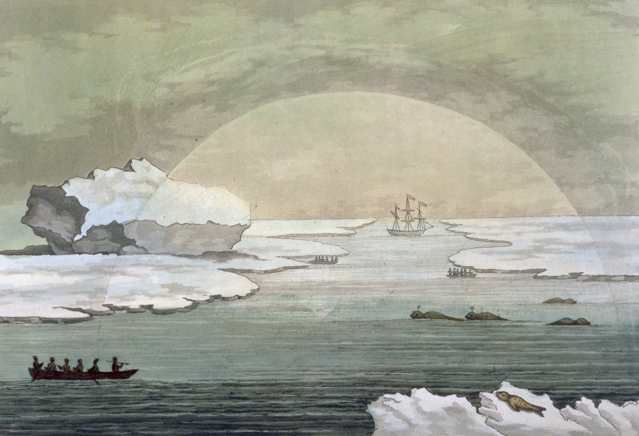 Egy bejegesedett brit bálnacsónak szabadul fel a napsugarak hatására, a Baffin-öbölben, 1817. július, Jules Ferrario „Le Costume Ancien et Moderne” I. kötetének 21. lemezéből, az 1820-as és 30-as évek körül megjelent. alkotó: Paolo Fumagalli