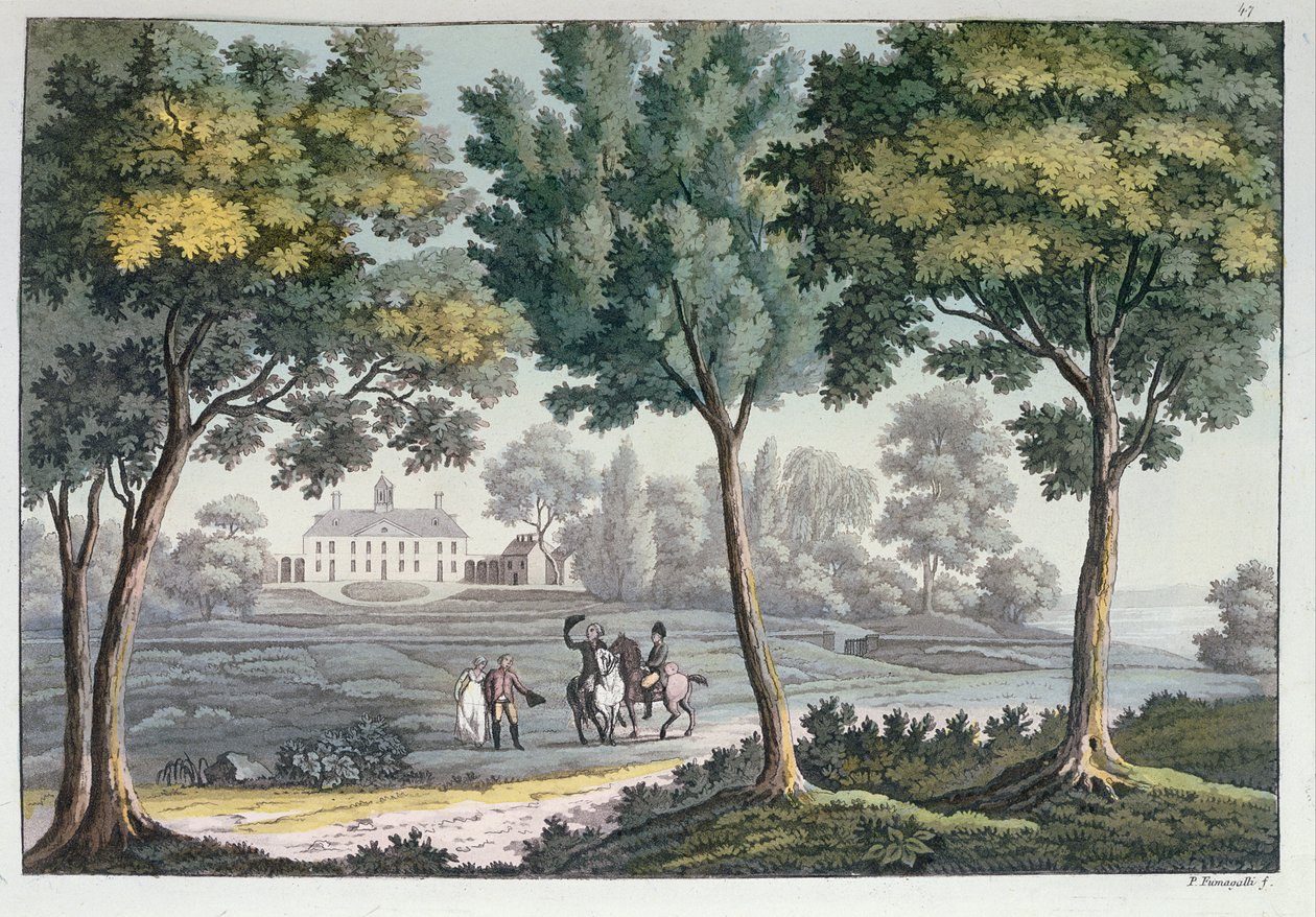Mount Vernon, Virginia, George Washington otthona, 1820 körül (színes metszet) alkotó: Paolo Fumagalli