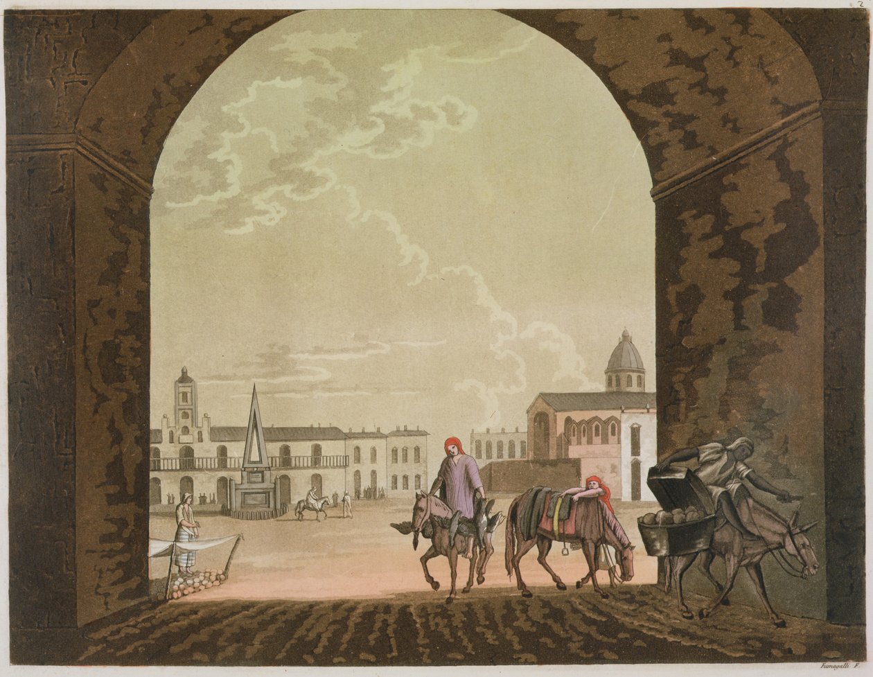 Plaza de Mayo, Buenos Aires, Argentína, a "Le Costume Ancien et Moderne, II. kötet, 2. tábla, Jules Ferrario, 1820-30-as évek körüli kiadványából. alkotó: Paolo Fumagalli