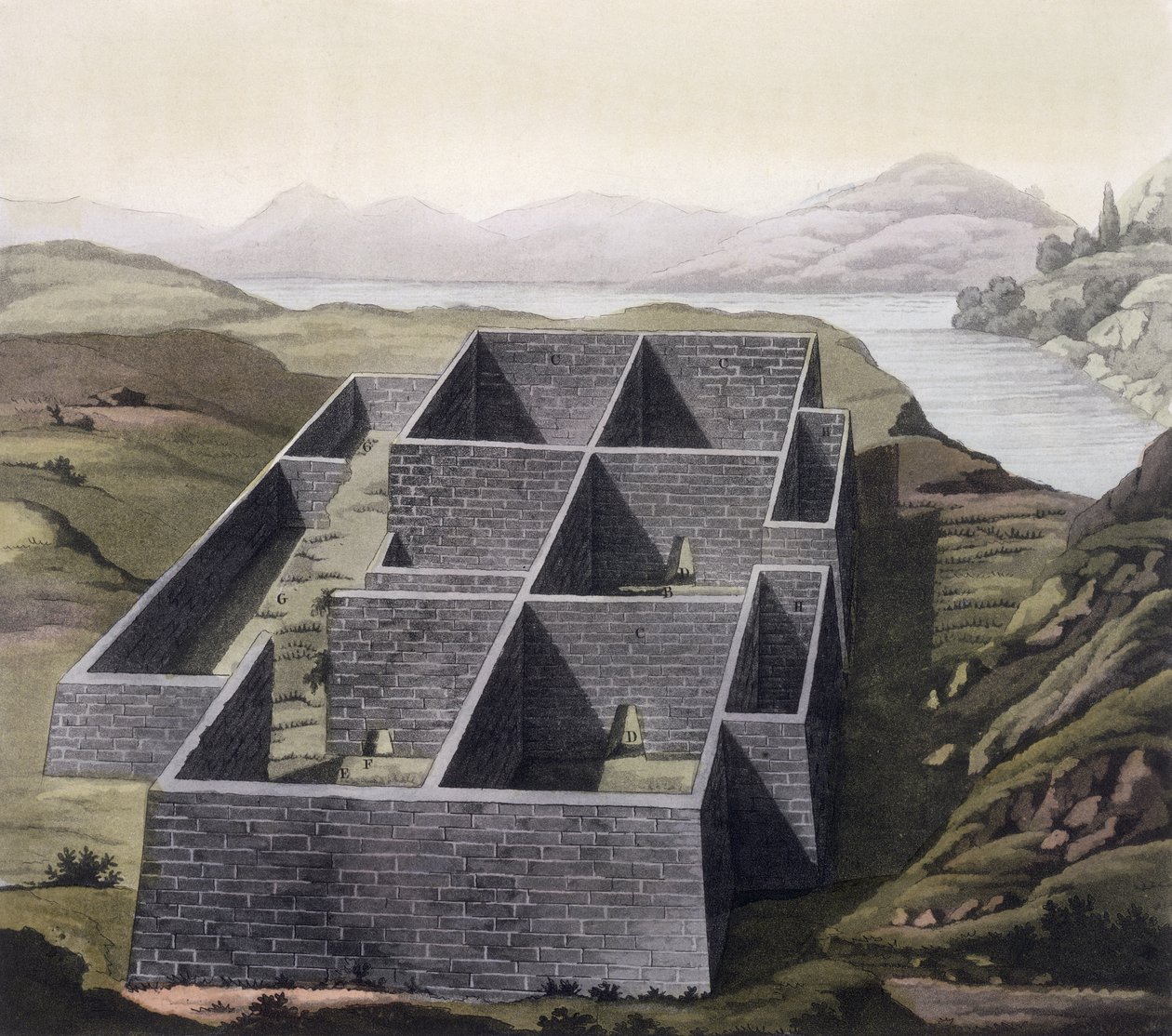 Egy inka palota maradványai a perui Callo-ban, a „Le Costume Ancien et Moderne” II. kötet 23. lemezéből, Jules Ferrario, az 1820-as és 30-as évek körül megjelent alkotó: Paolo Fumagalli