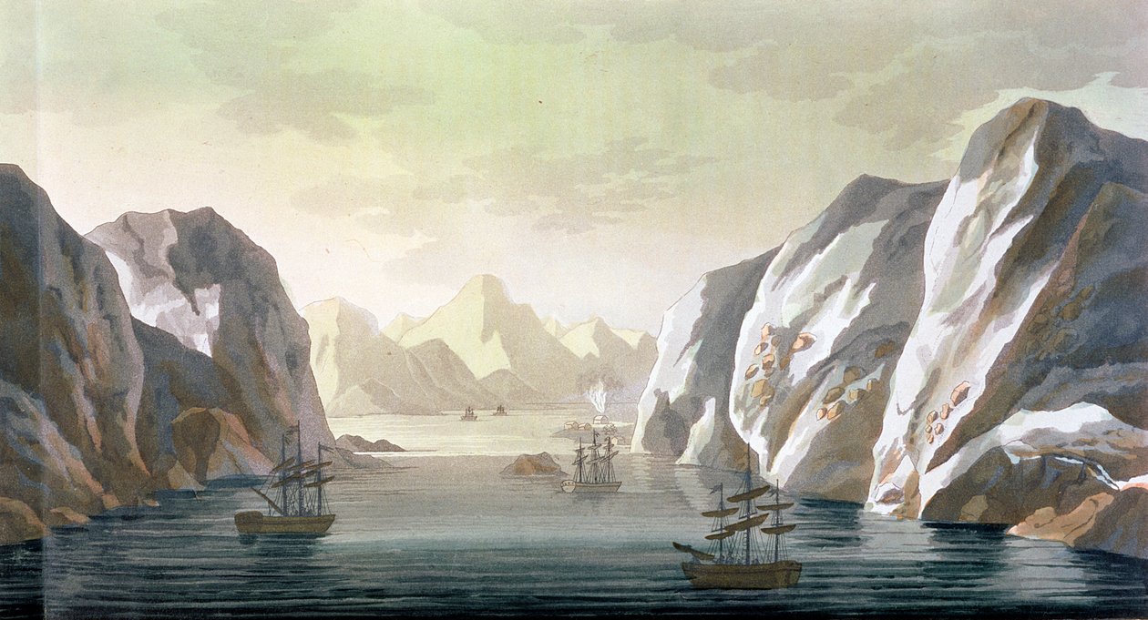 Az északnyugati átjáró keresése – a brit utazás a Spitzbergákba, 1818, a „Le Costume Ancien et Moderne” I. kötet 28. lemezéből, Jules Ferrario, az 1820-as és 30-as évek körül megjelent alkotó: Paolo Fumagalli