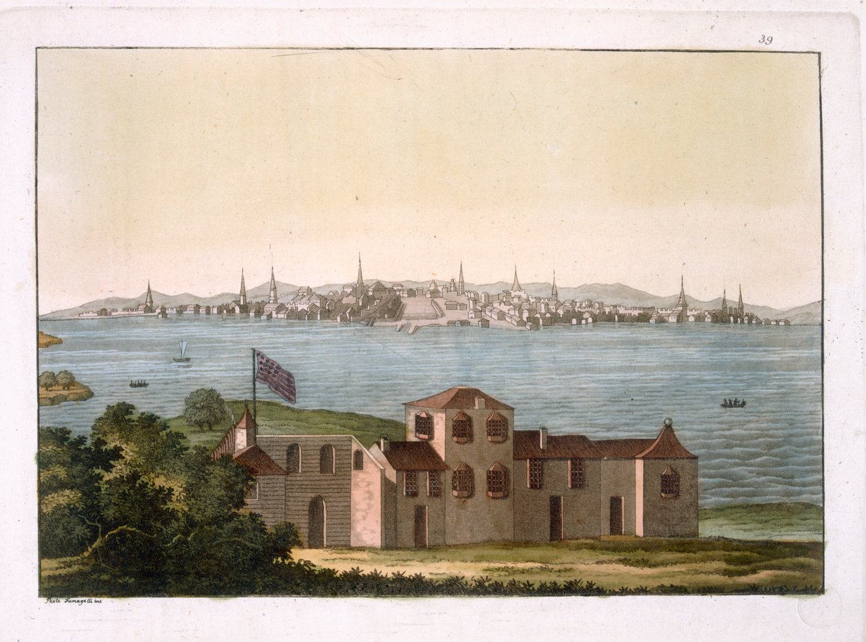 Boston kilátása a „Le Costume Ancien et Moderne” 1. kötet 39. táblájából, Jules Ferrario, az 1820-as és 30-as évek körül (színes metszet) alkotó: Paolo Fumagalli