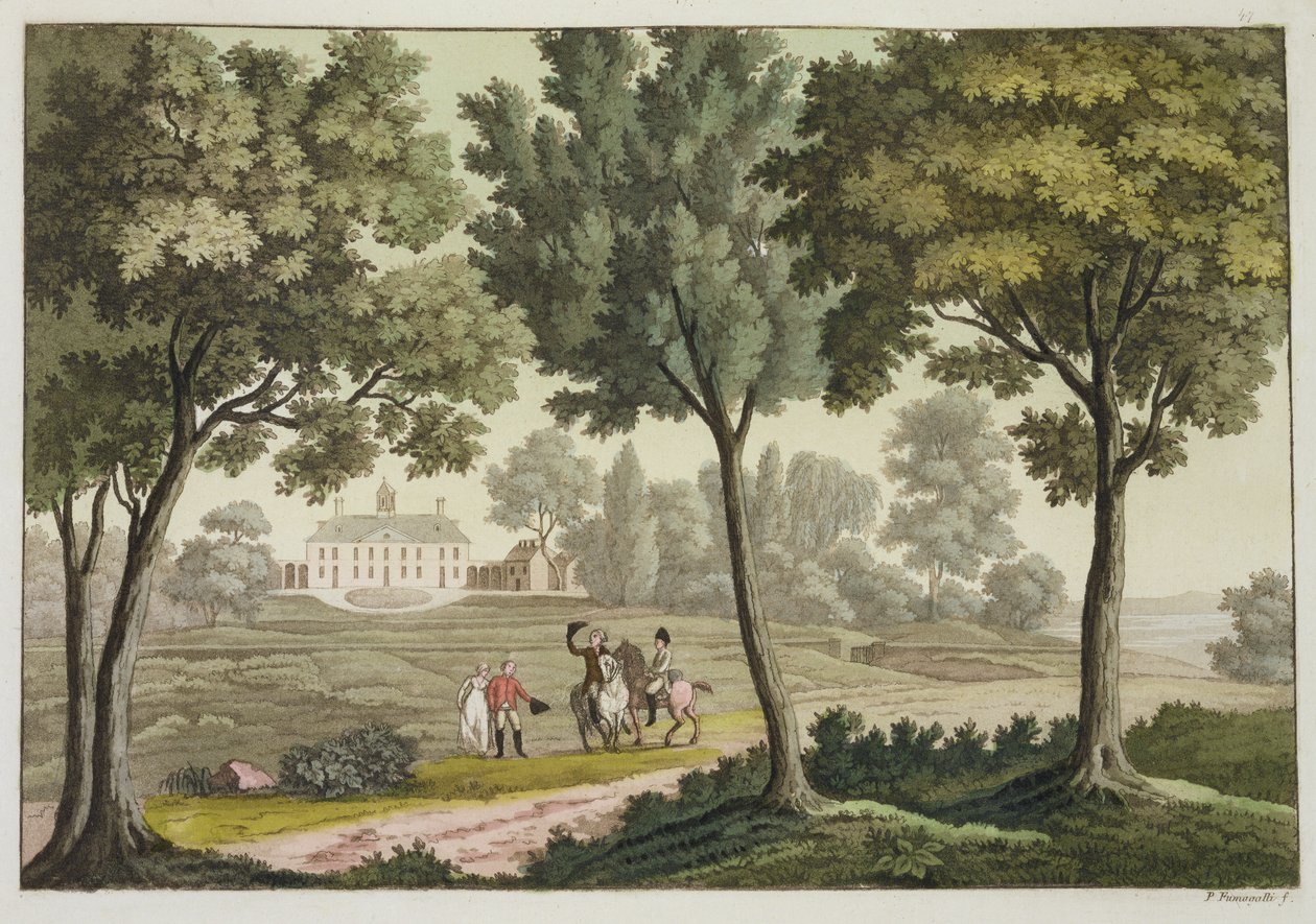 Washington háza Mount Vernonban, Jules Ferrario "Le Costume Ancien et Moderne" című művéből, 39. tábla, 1820-30-as évek körüli kiadás (színes metszet). alkotó: Paolo Fumagalli