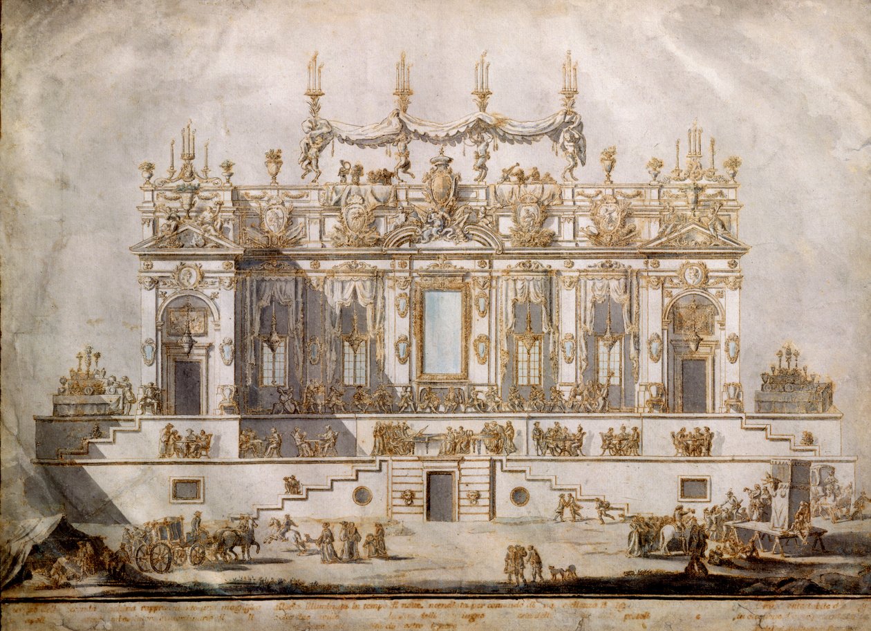 Egy hatalmas ház keresztmetszete, a Festa della Chinea terve, G. Palazzi (kb. 1740-76), 1764 (toll és tinta, valamint papírra mosás) alkotó: Paolo Posi