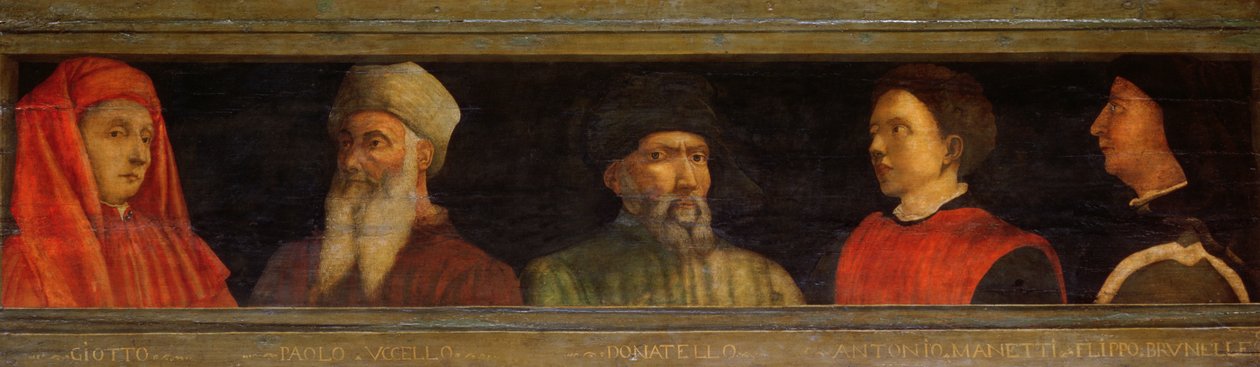Giotto (kb. 1266-1337) Uccello, Donatello (kb. 1386-1466), Manetti (kb. 1405-1460) és Brunelleschi (1377-1446) portréi (tempera a panelen) alkotó: Paolo Uccello